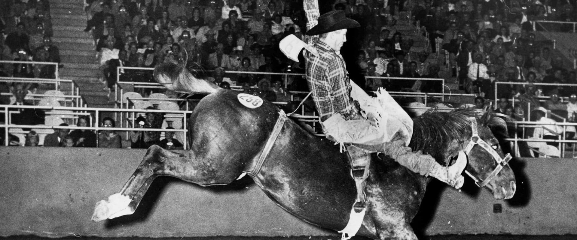 Man jumping horse in front of an audience  